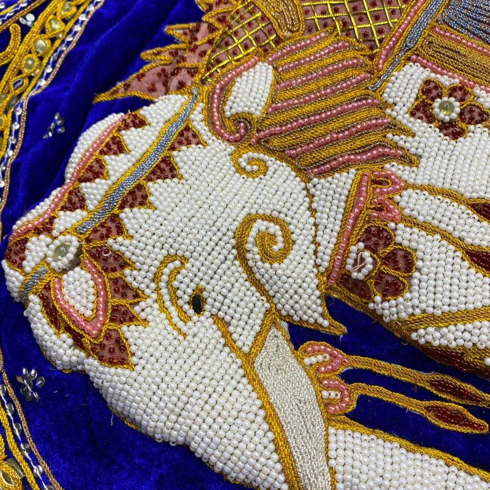 Vibrant Blue Elephant Tapestry Wall Hanging Embellished Beaded Thai Burmese Deco